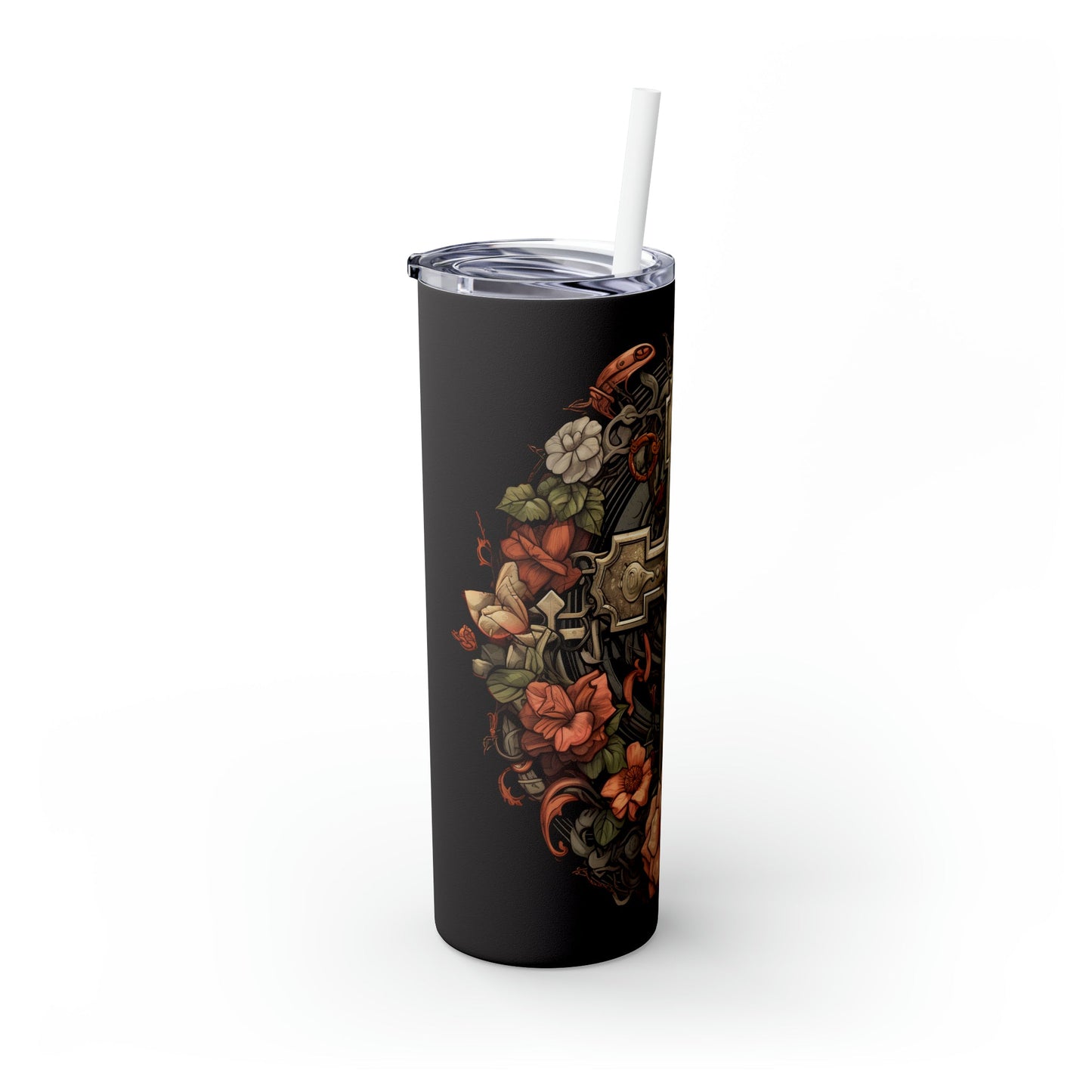 Floral Cross Skinny Tumbler with Straw, 20oz