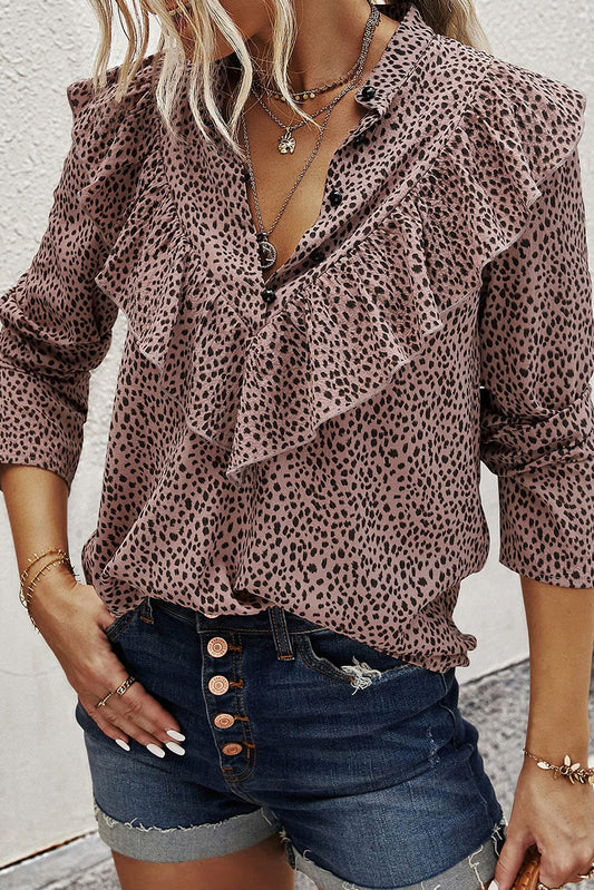 Print Long Sleeve Ruffle Loose Blouse