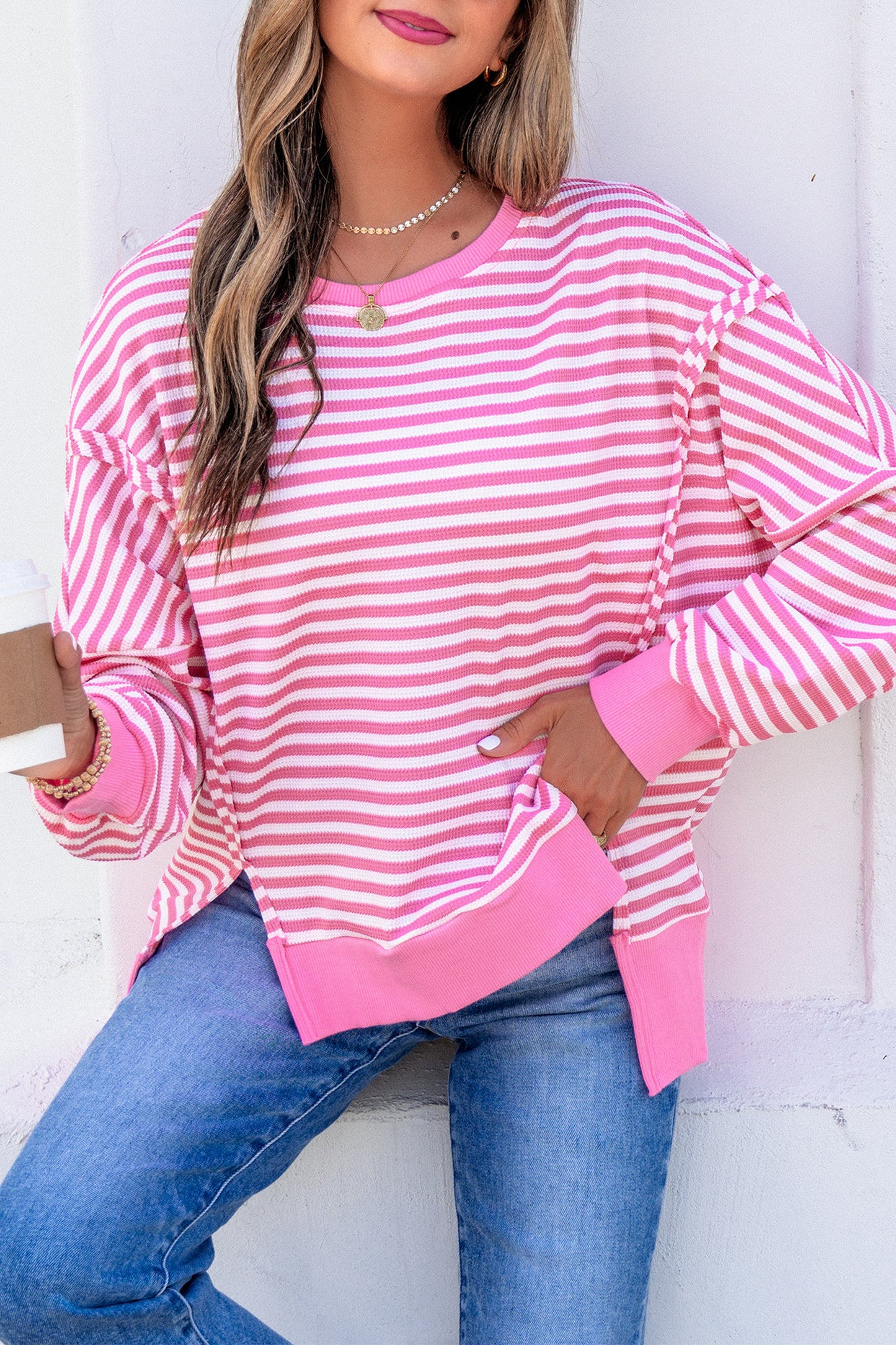 Pink Stripe Textured Knit Color Block Trim Split Hem Long Sleeve Top