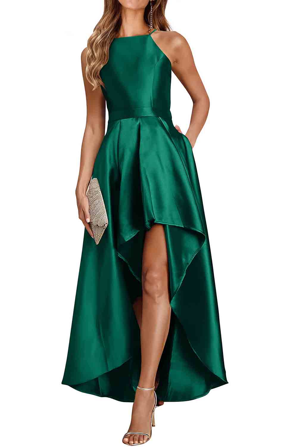 Satin Sleeveless Pleated High Low Dress with Pocket