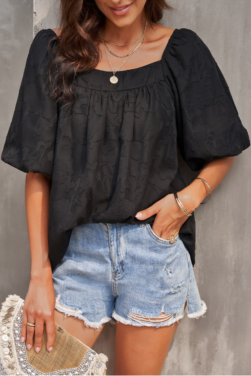 Lush Printed Balloon Sleeve Ruched Chiffon Top