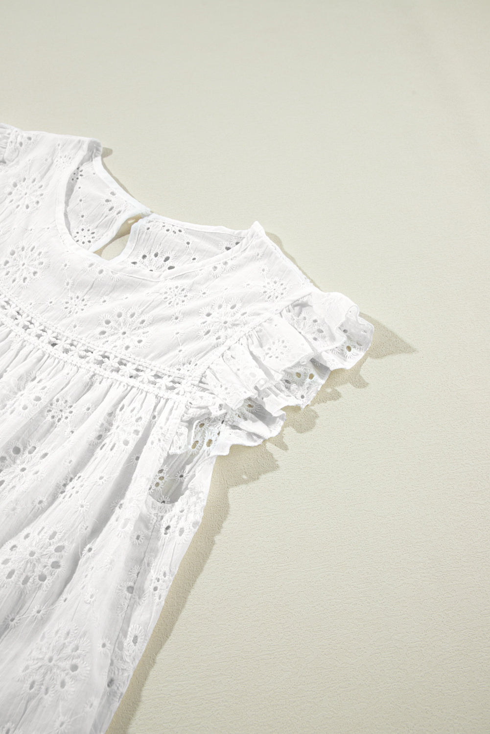 White Eyelet Embroidered Ruffled Flutter Sleeve Blouse