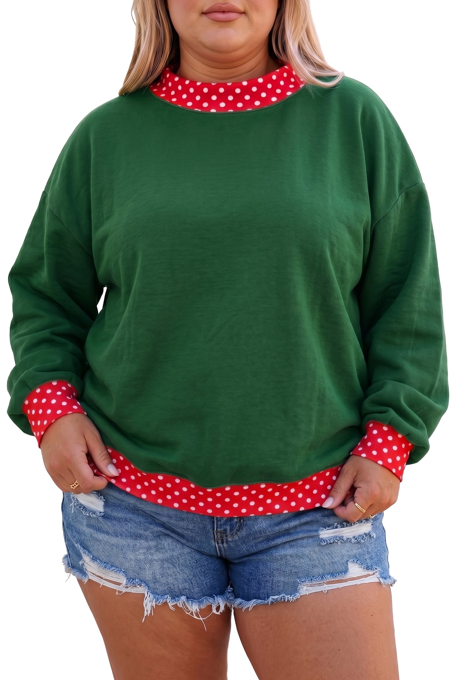 Dirty blue Polka Dot Patchwork Round Neck Plus Size Sweatshirt
