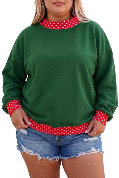 Dirty blue Polka Dot Patchwork Round Neck Plus Size Sweatshirt