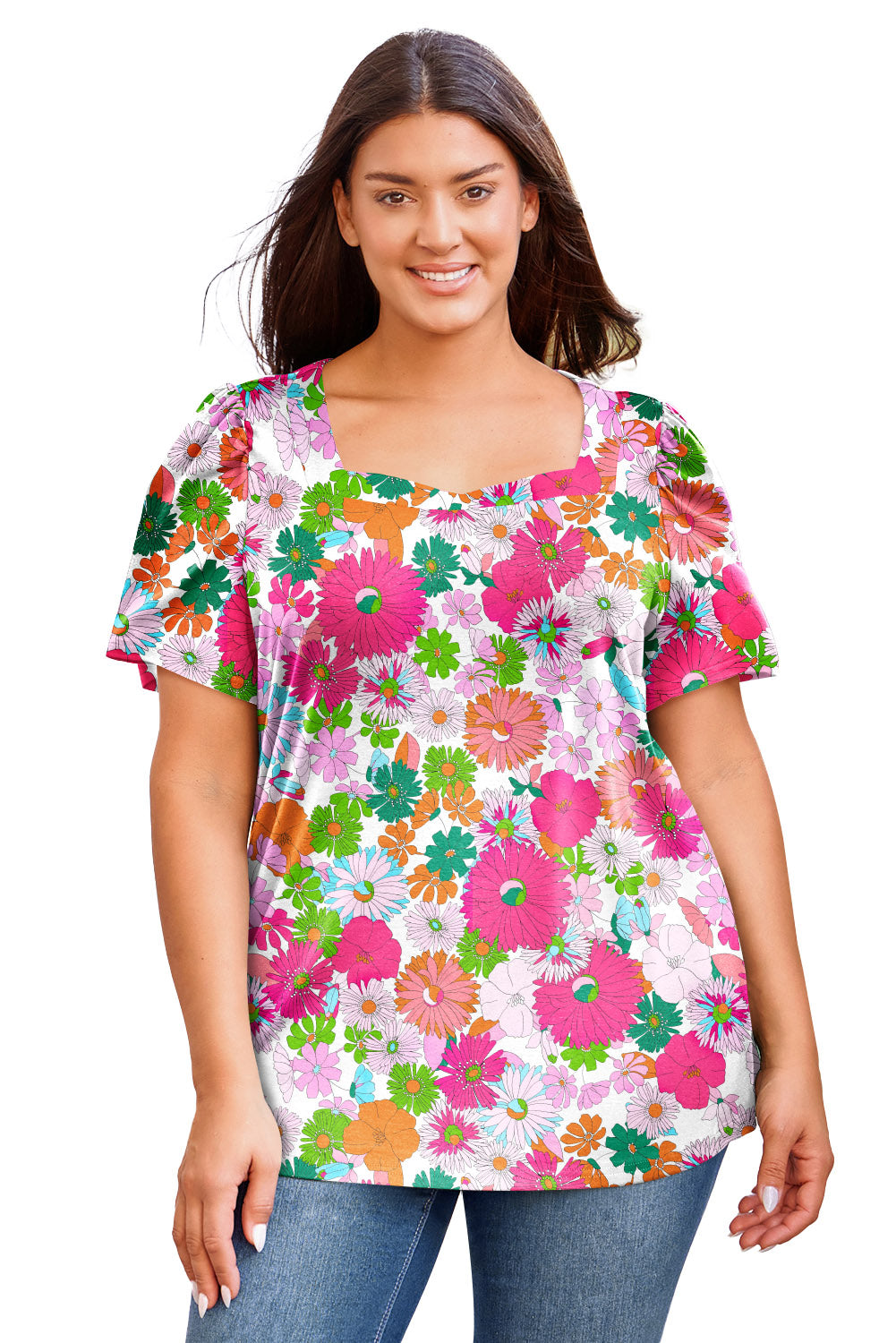 Multicolor Plus Size Square Neck Ruched Shoulder Short Sleeve Top