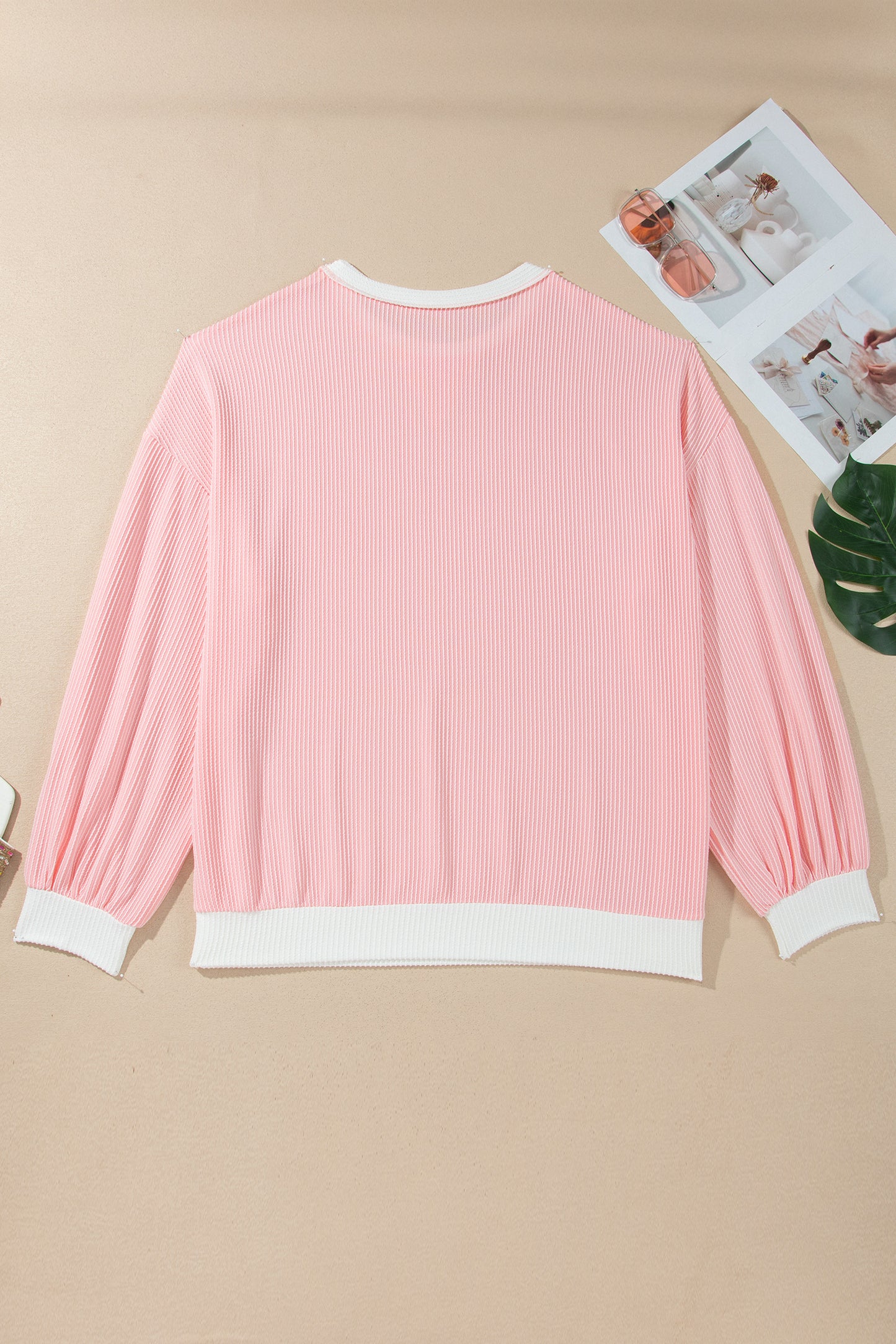 Pink Ribbed Knit Colorblock Long Sleeve Round Neck Plus Size Blouse