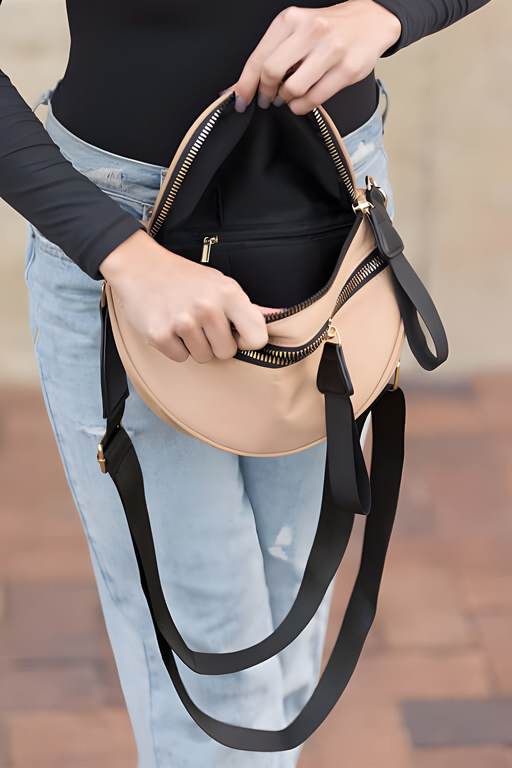 Dark Grey Wide Strap Zipper Crossbody Bag
