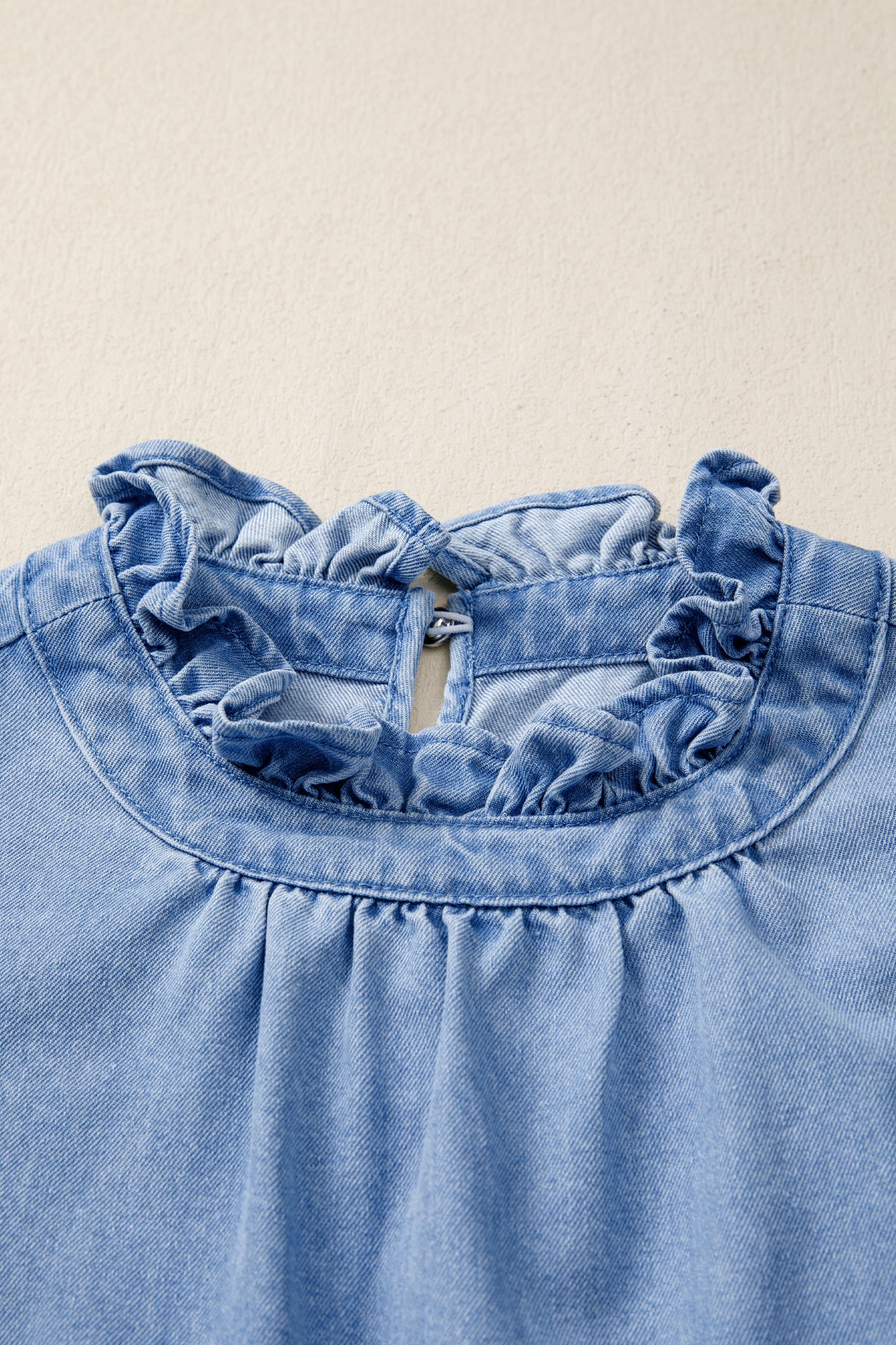 White Frilled Collar Flutter Sleeve Denim Top