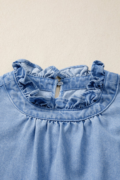 White Frilled Collar Flutter Sleeve Denim Top