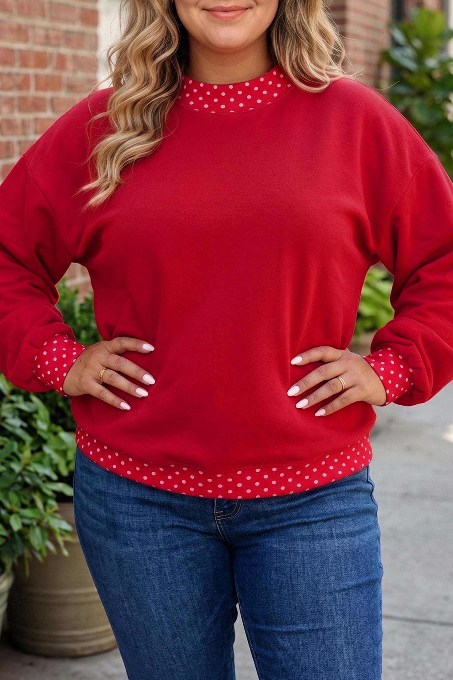 Dirty blue Polka Dot Patchwork Round Neck Plus Size Sweatshirt