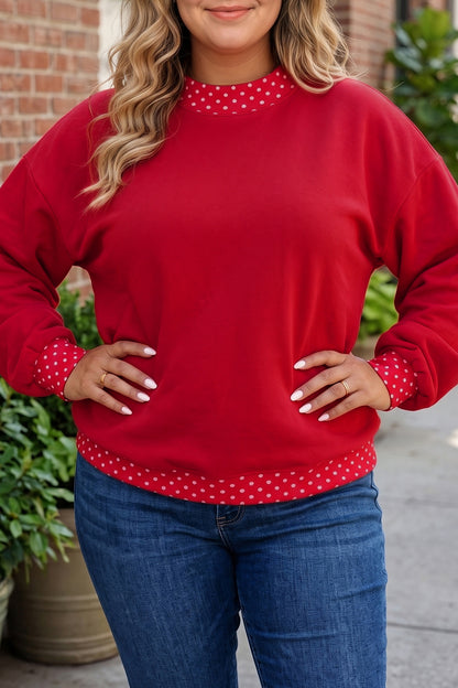 Dirty blue Polka Dot Patchwork Round Neck Plus Size Sweatshirt