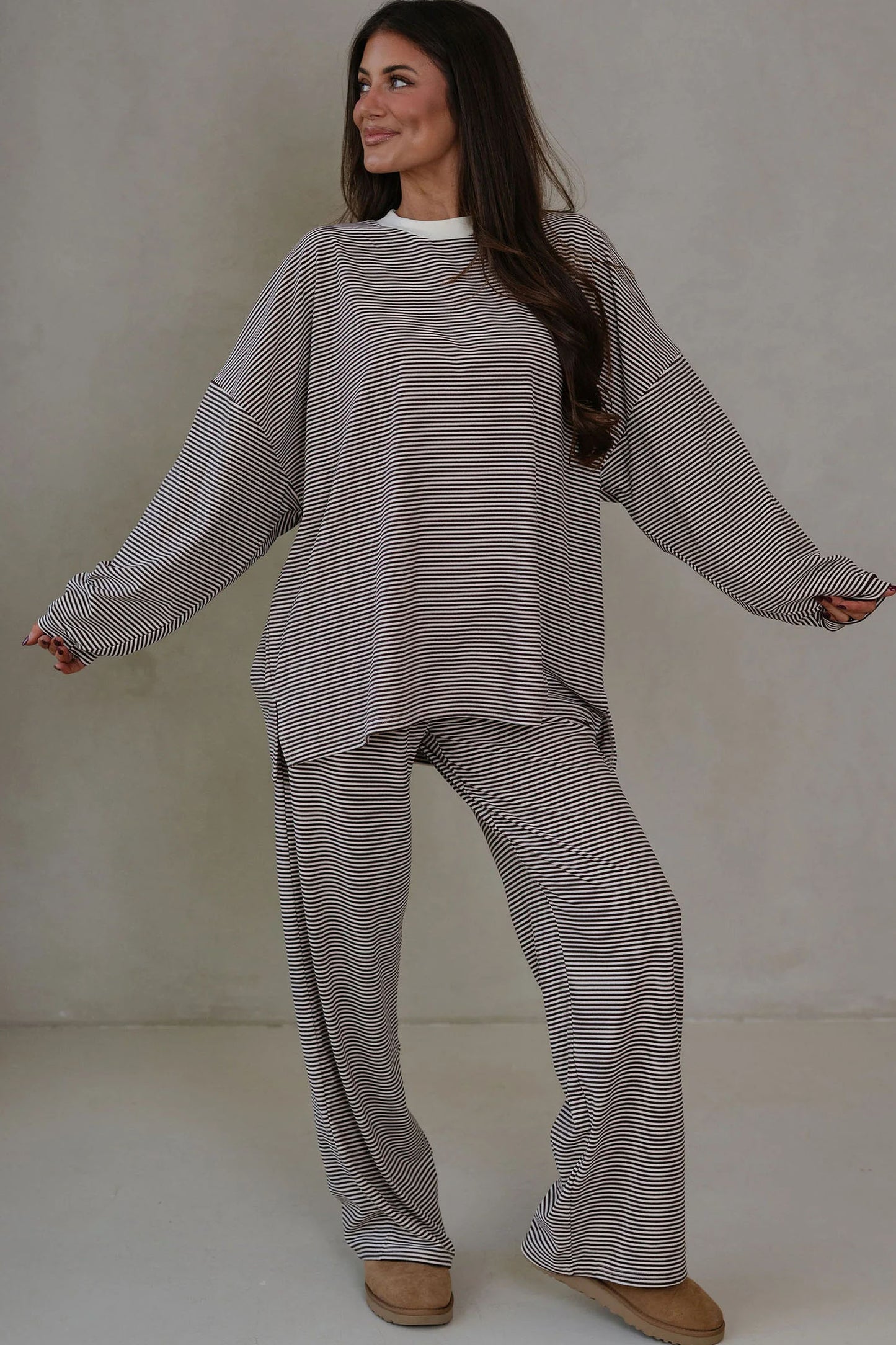 Pink Striped Drop Shoulder Long Sleeve Pant Set