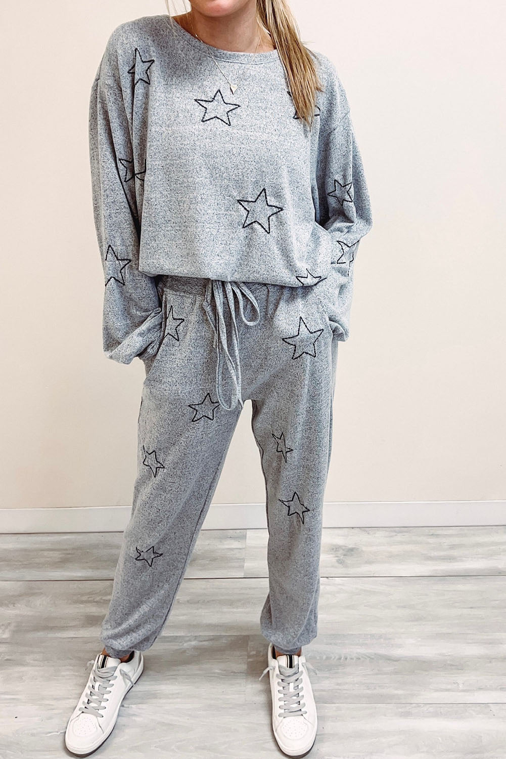 Gray Stars Print Long Sleeve Drawstring High Waist Lounge Set