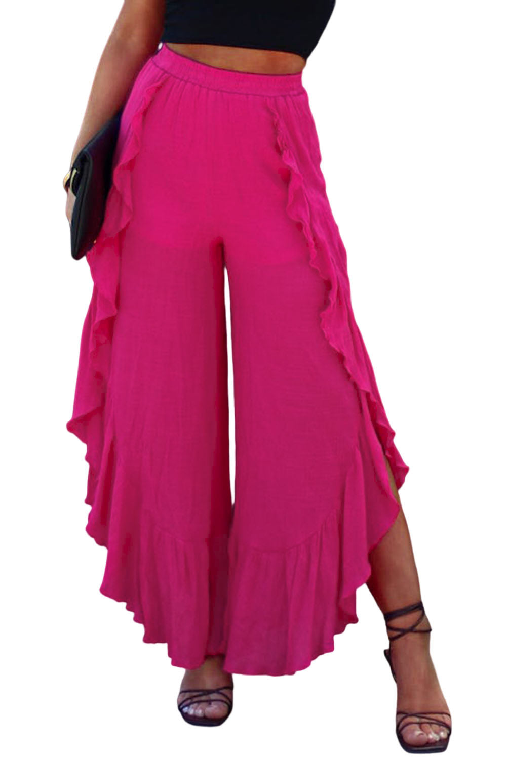 Ruffle Slit High Waist Wide Leg Pants