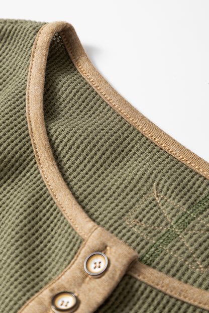 Vineyard Green Waffle Textured Patchwork Tunic Henley Top