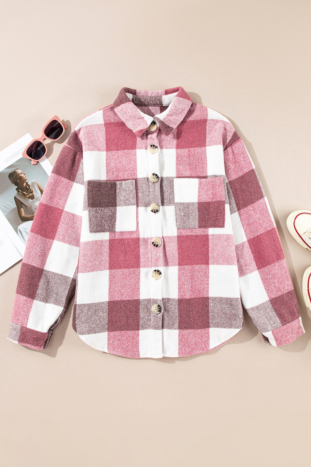 Khaki Plaid Color Block Buttoned Long Sleeve Jacket with Pocket