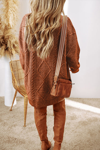 Burgundy Cable Knit Drop Shoulder Loose Fit Sweater Dress