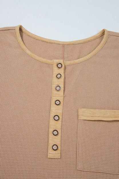 Vineyard Green Waffle Textured Patchwork Tunic Henley Top