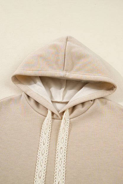 Dark Khaki Drawstring Pullover Hoodie and High Waist Pants Corduroy Suit