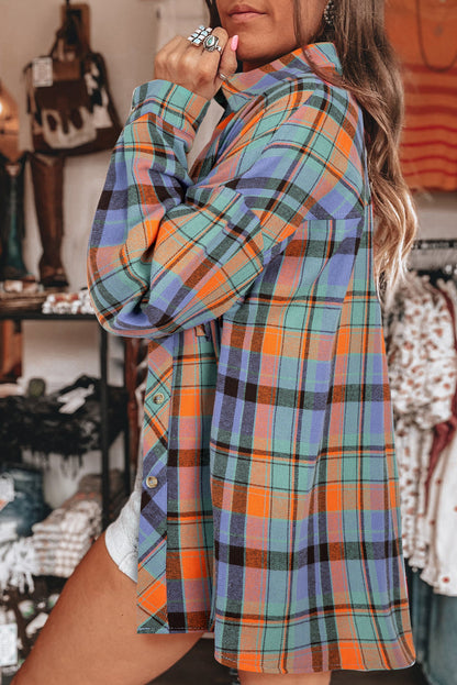 Red Plaid Print Drop Sleeve Loose Shirt Shacket
