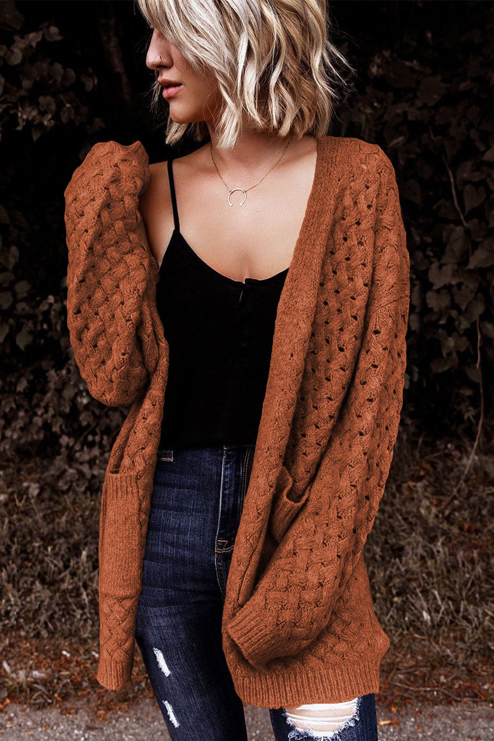 Chestnut Weave Knit Side Pockets Plus Size Cardigan