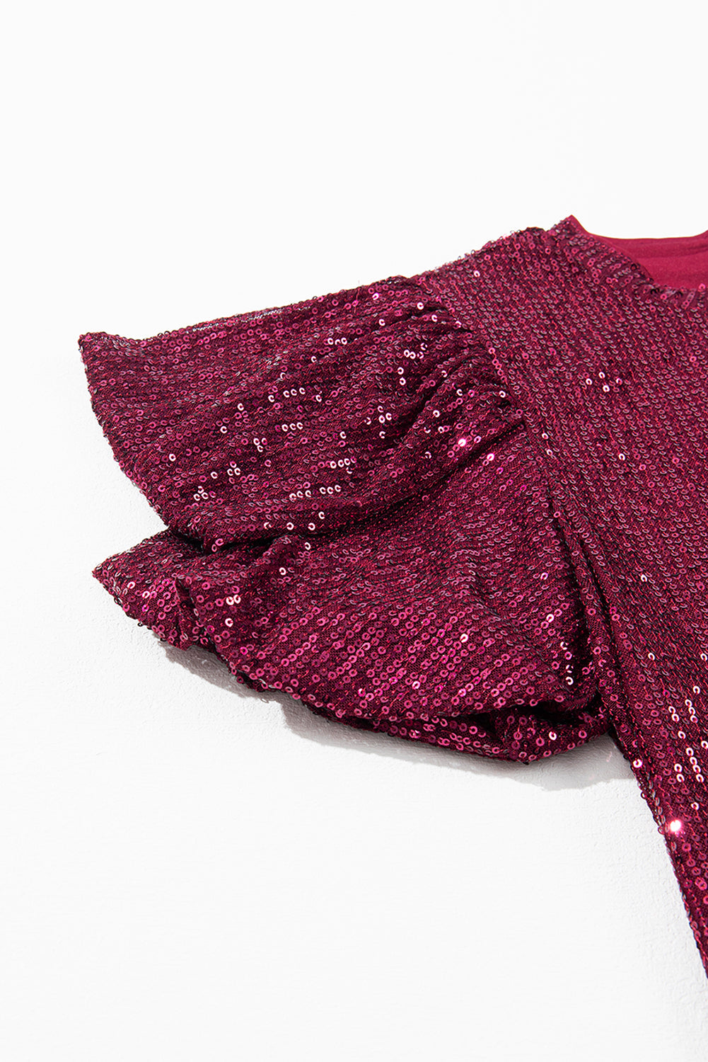 Burgundy Glittering Sequin Short Bubble Sleeve Blouse