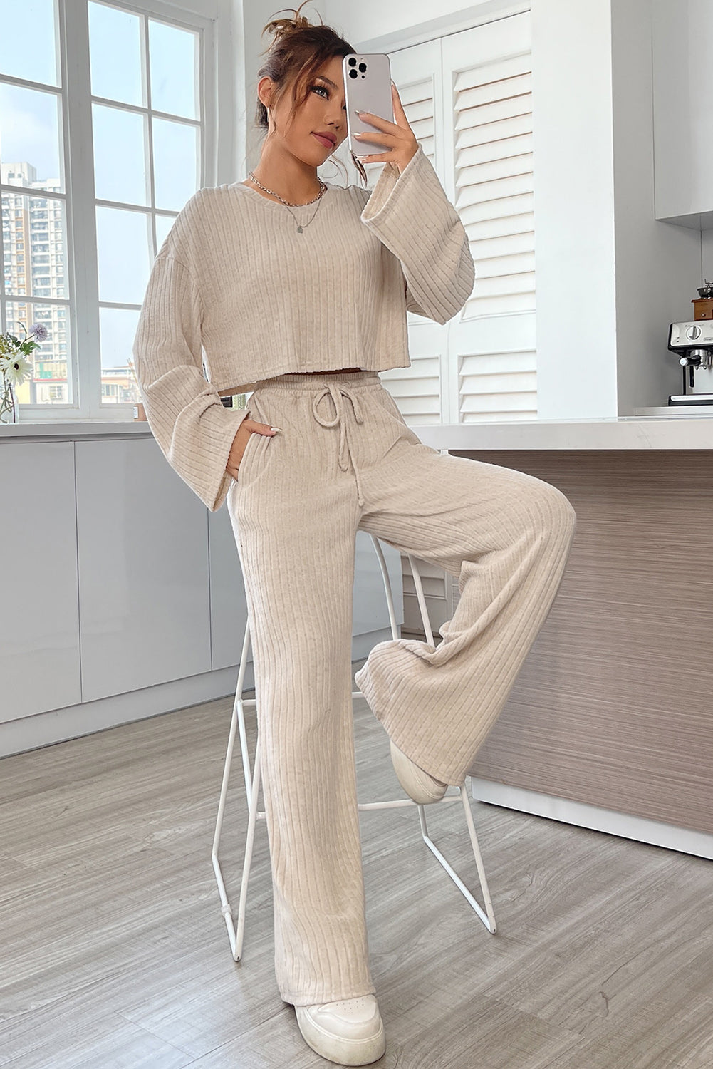 Black Plus Size Ribbed V Neck Pullover and Pants Set