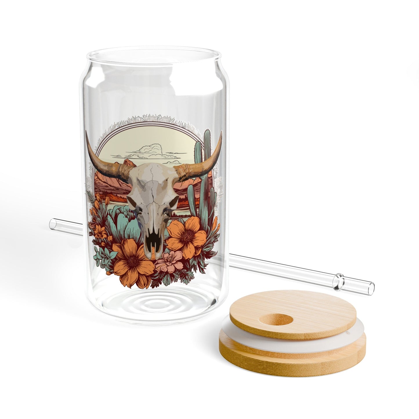 Floral Longhorn Skull Sipper Glass, 16oz