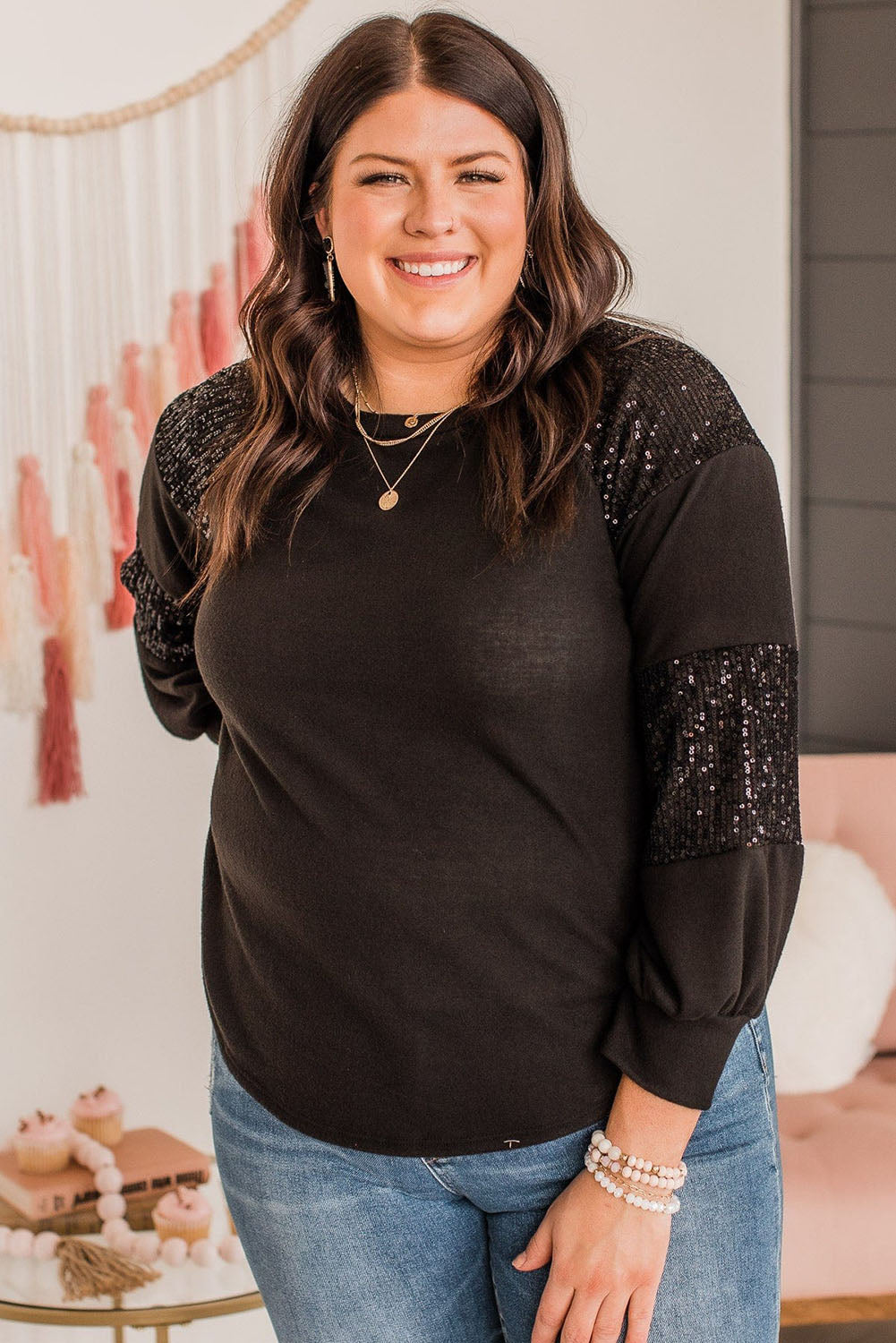 Black Plus Size Sequin Patchwork Crew Neck Long Sleeve Top