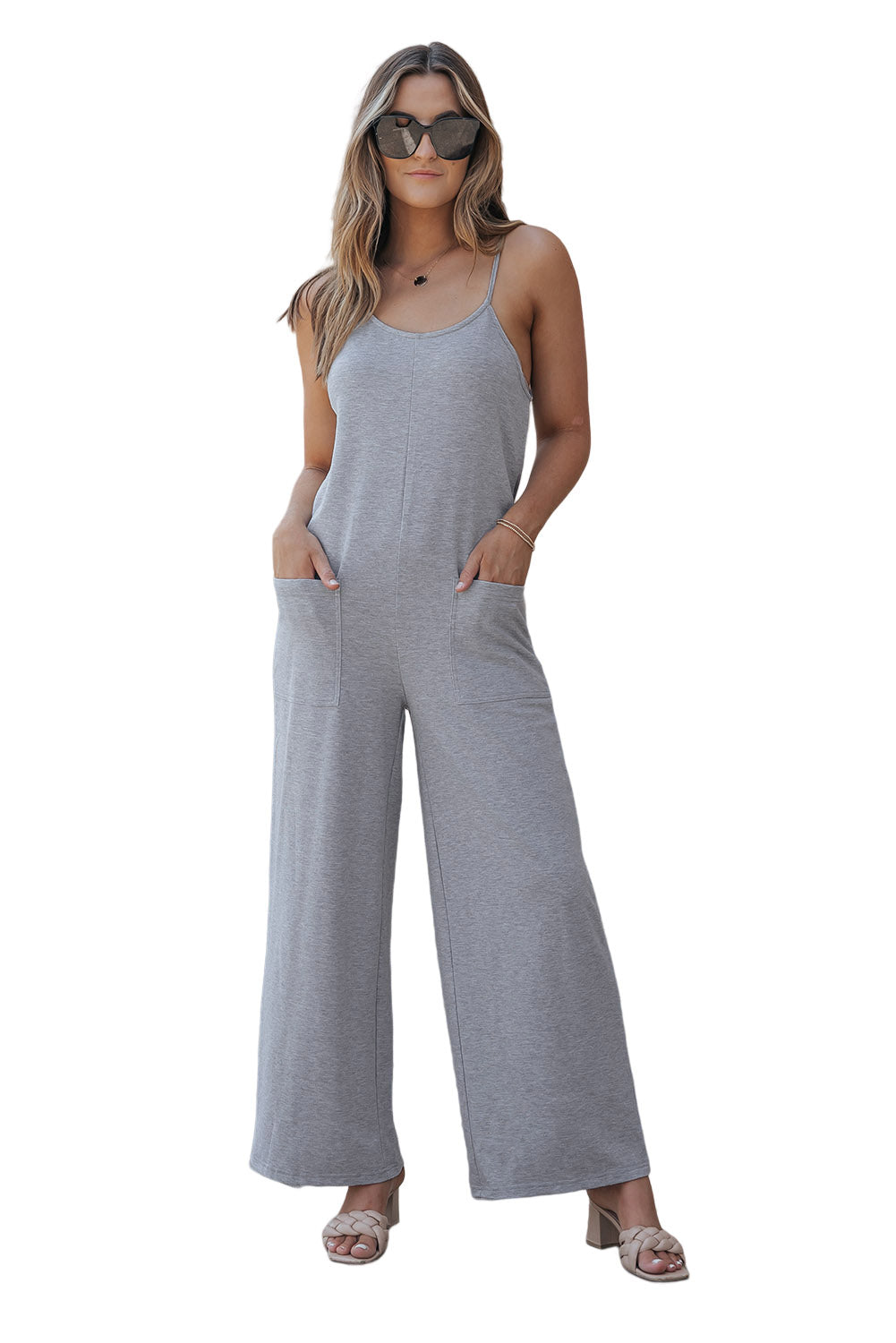 Gray Plus Size Solid Color Spaghetti Straps Wide Leg Jumpsuit