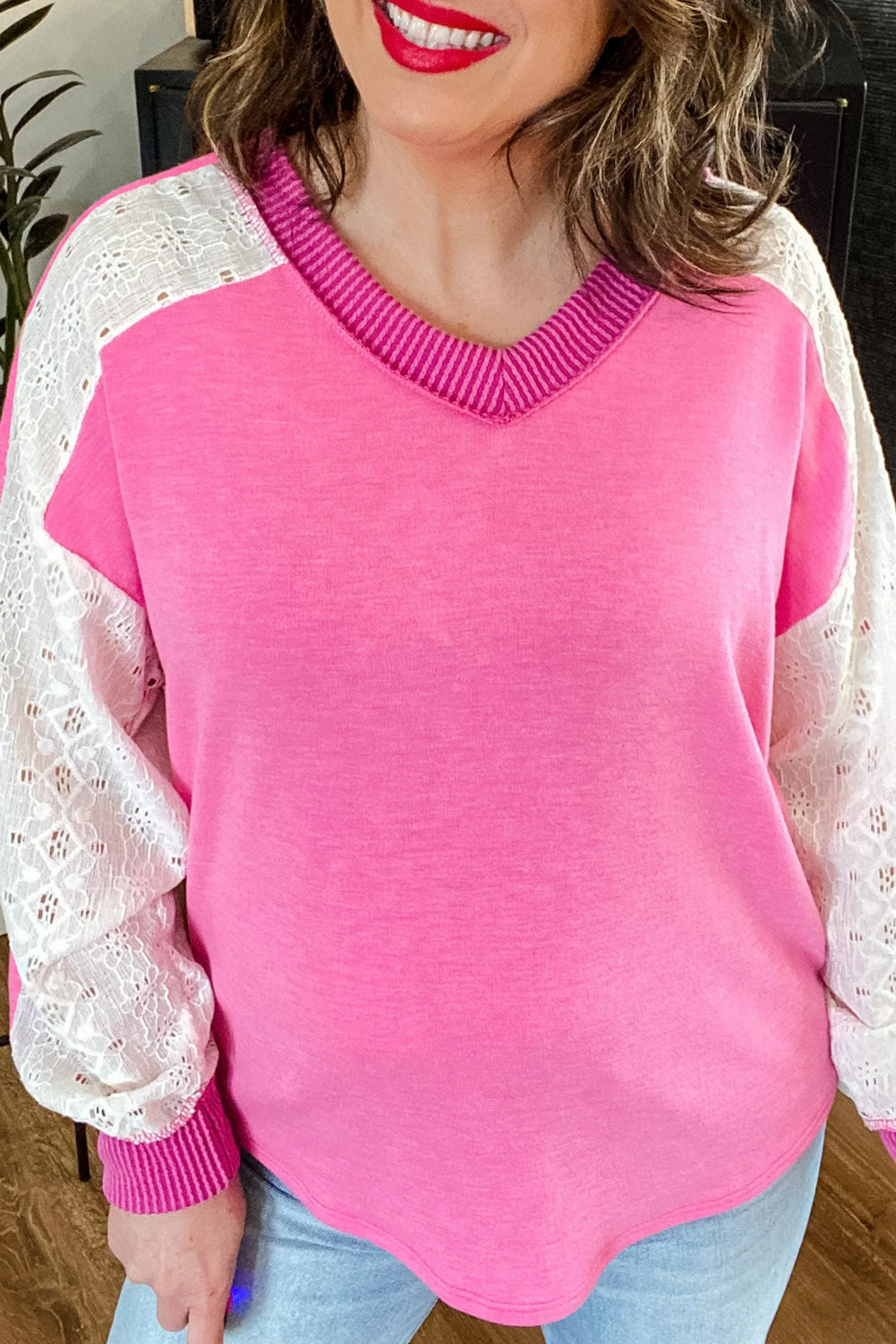 Bonbon Lace Patchwork Corded Trim Plus Size Long Sleeve Top