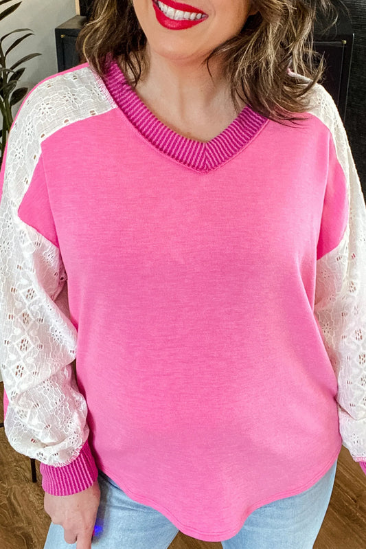 Bonbon Lace Patchwork Corded Trim Plus Size Long Sleeve Top
