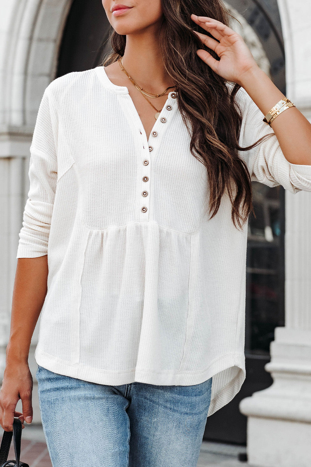 Waffle Knit Half Button Henley Top