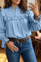 Beau Blue Western Ruffle V Neck Long Sleeve Chambray Blouse