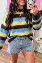 Multicolour Fuzzy Striped Knit Round Neck Casual Shift Sweater
