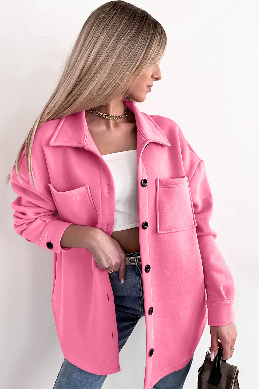 Pink Solid Color Pocketed Button up Long Sleeve Shacket