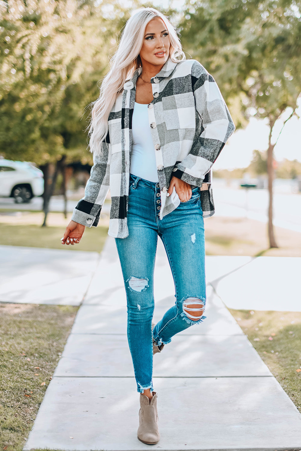 Khaki Plaid Color Block Buttoned Long Sleeve Jacket with Pocket