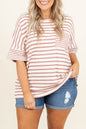 Pink Stripe Waffle Knit Pocket Half Sleeve Plus Size T Shirt