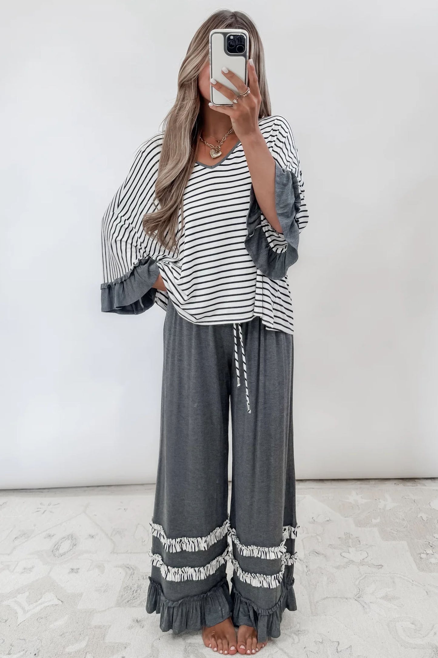 Gray Stripe V Neck Ruffle Contrast Sleeve Drawstring Pants 2pcs Set