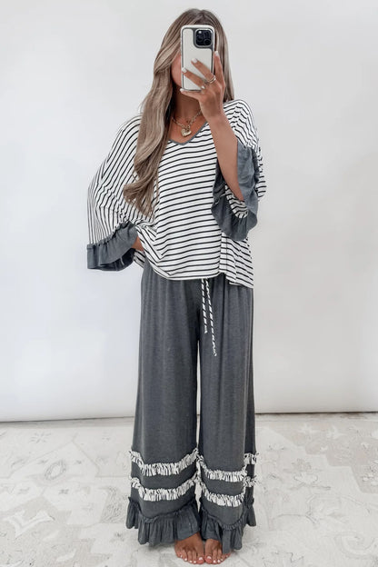 Gray Stripe V Neck Ruffle Contrast Sleeve Drawstring Pants 2pcs Set