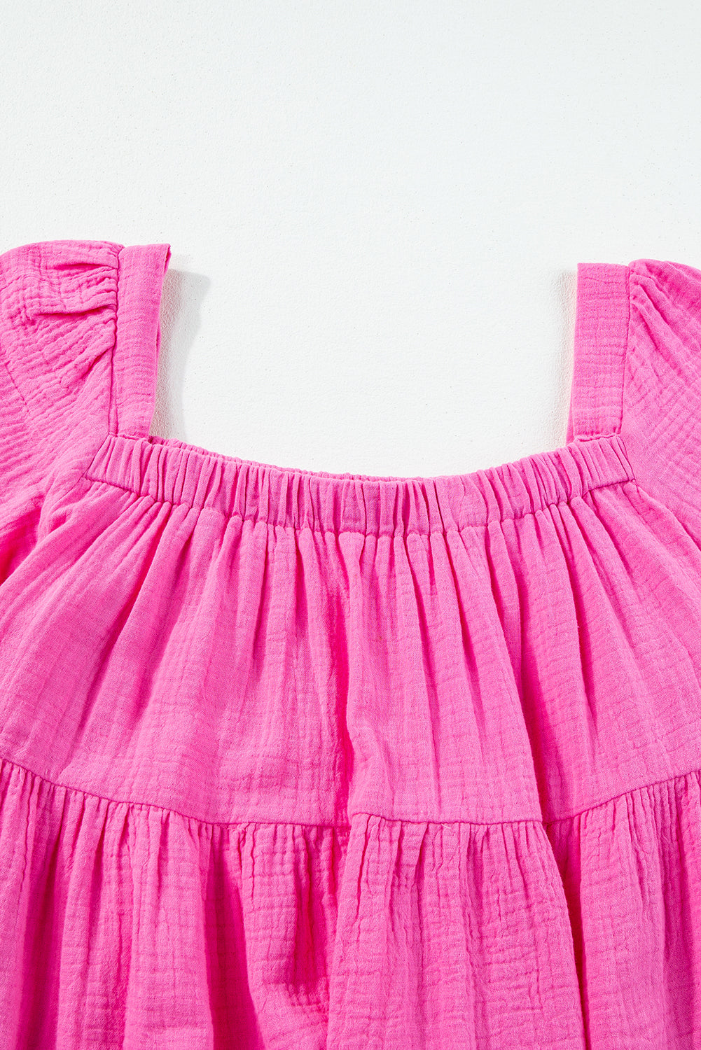 Bright Pink Textured Square Neck Flutter Sleeve Tiered Flowy Blouse