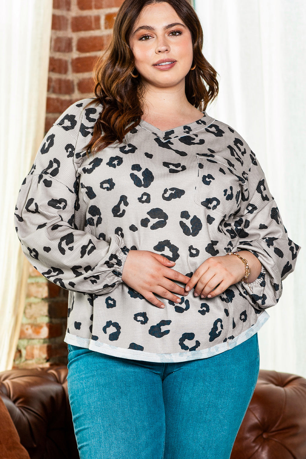 Gray Printed Leopard Balloon Sleeve Thermal Knit Plus Size Top