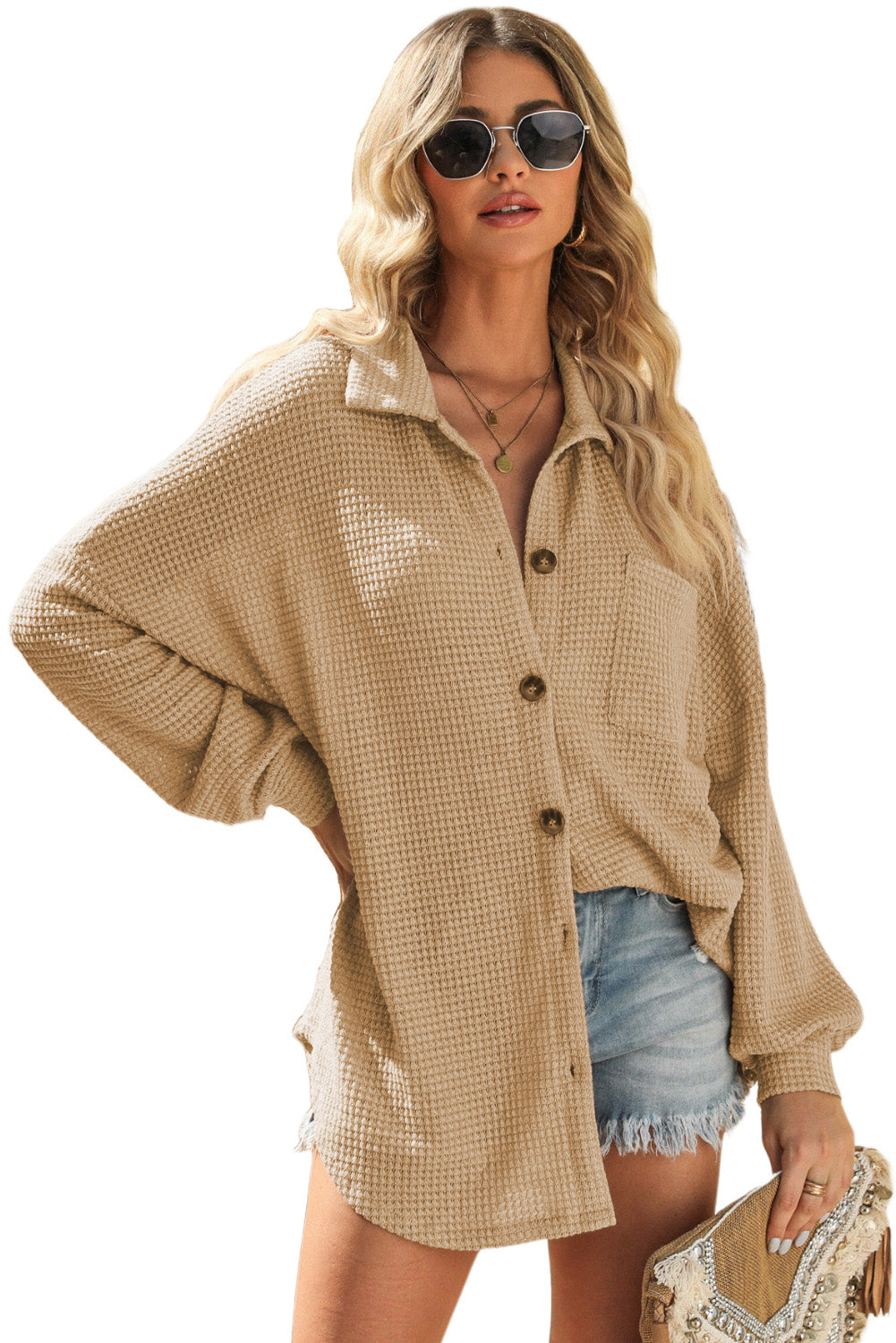 Khaki Waffle Knit Button Up Casual Shirt