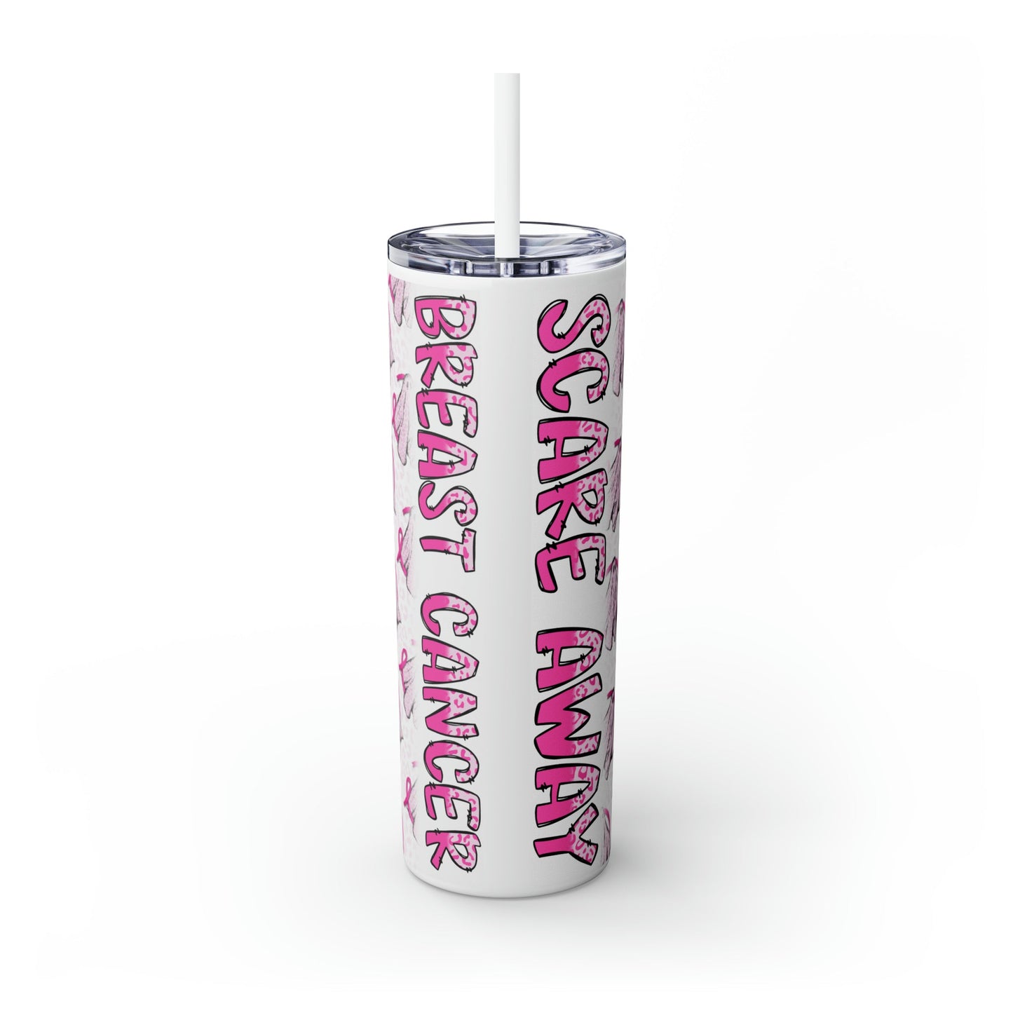 Scare Away Breast Cancer Skinny Tumbler with Straw, 20oz