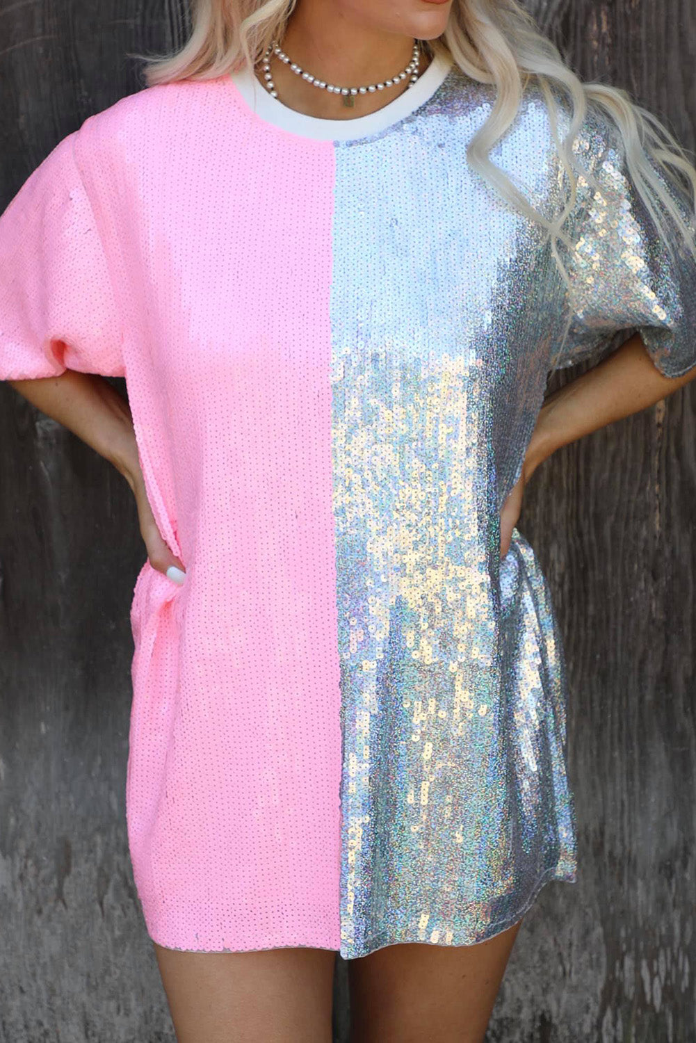 Sequin Color Block Half Sleeve Shift Mini Dress