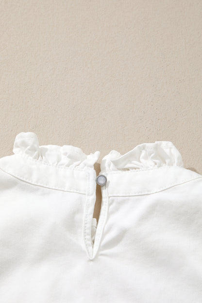 White Frilled Collar Flutter Sleeve Denim Top