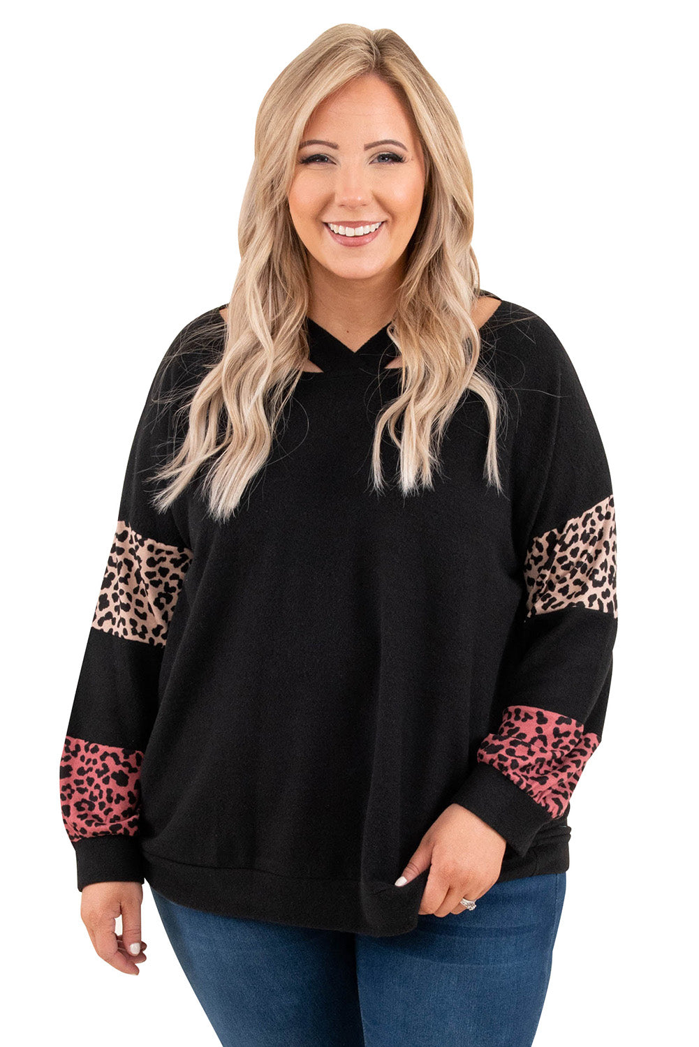 Black Plus Size Leopard Patchwork Strappy Neck Top