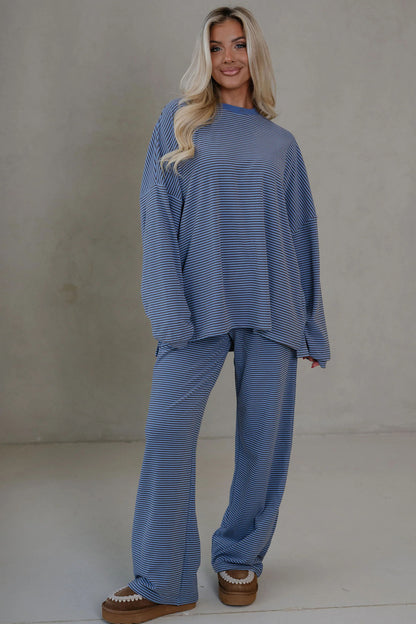 Pink Striped Drop Shoulder Long Sleeve Pant Set