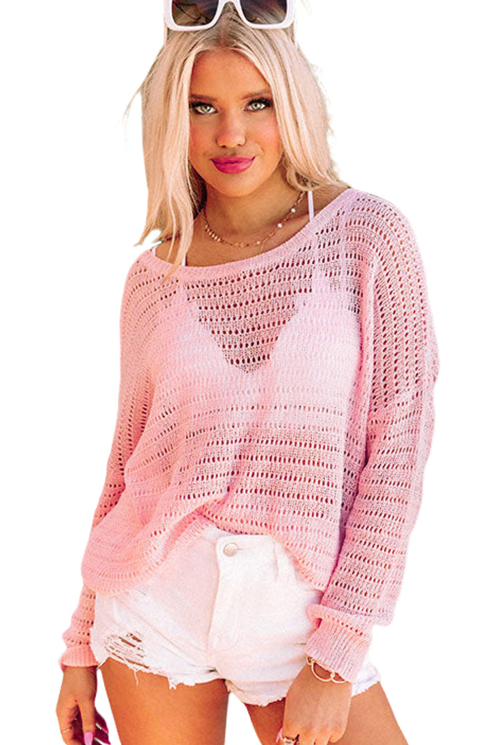 Knitted Eyelets Round Neck Long Sleeve Top