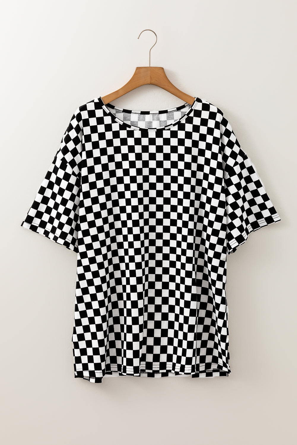 Black Checkered Print Side Slits O Neck Plus Size T Shirt